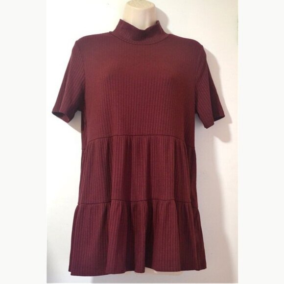 Entro Maroon Ribbed Mock Neck Flowy Top Size L - Picture 1 of 7